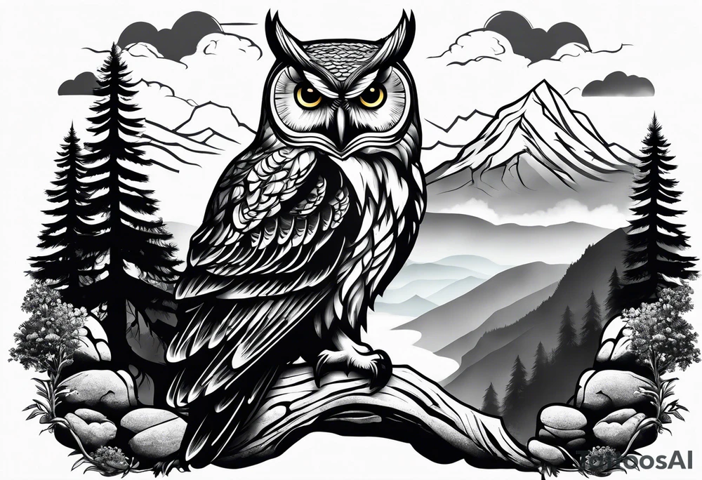 Realistic owl in trees with mountains rocks and cascading water.  Sky with clouds. tattoo idea