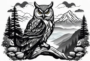 Realistic owl in trees with mountains rocks and cascading water.  Sky with clouds. tattoo idea