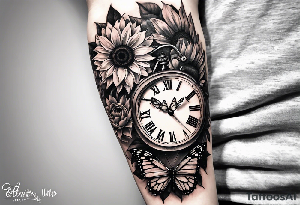 Sleeve with clock, sunflower and butterfly tattoo idea