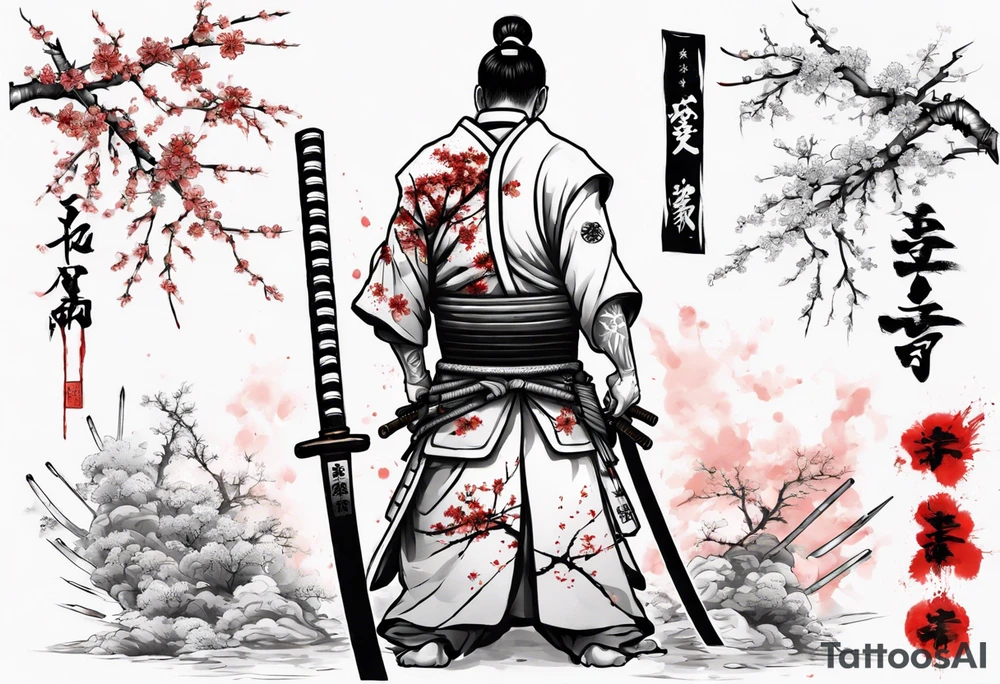 The shogun is standing with his back, he has a hole in his back and where the blood comes from in the form of sakura leaves and many samurai swords stuck in the ground tattoo idea