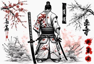 The shogun is standing with his back, he has a hole in his back and where the blood comes from in the form of sakura leaves and many samurai swords stuck in the ground tattoo idea