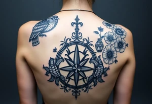 Full back owl on left shoulder flowers on right 3 turtles down spine use antique compass rose overlaid everywhere else tattoo idea