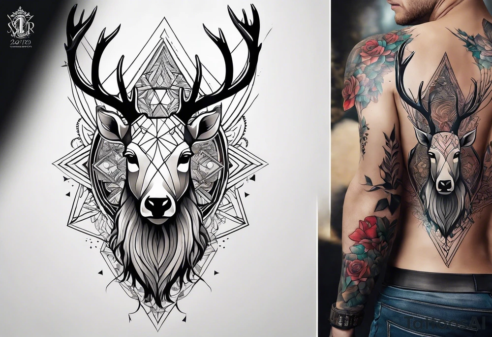 back tattoo of a front view reindeer with half the face as a skull tattoo idea