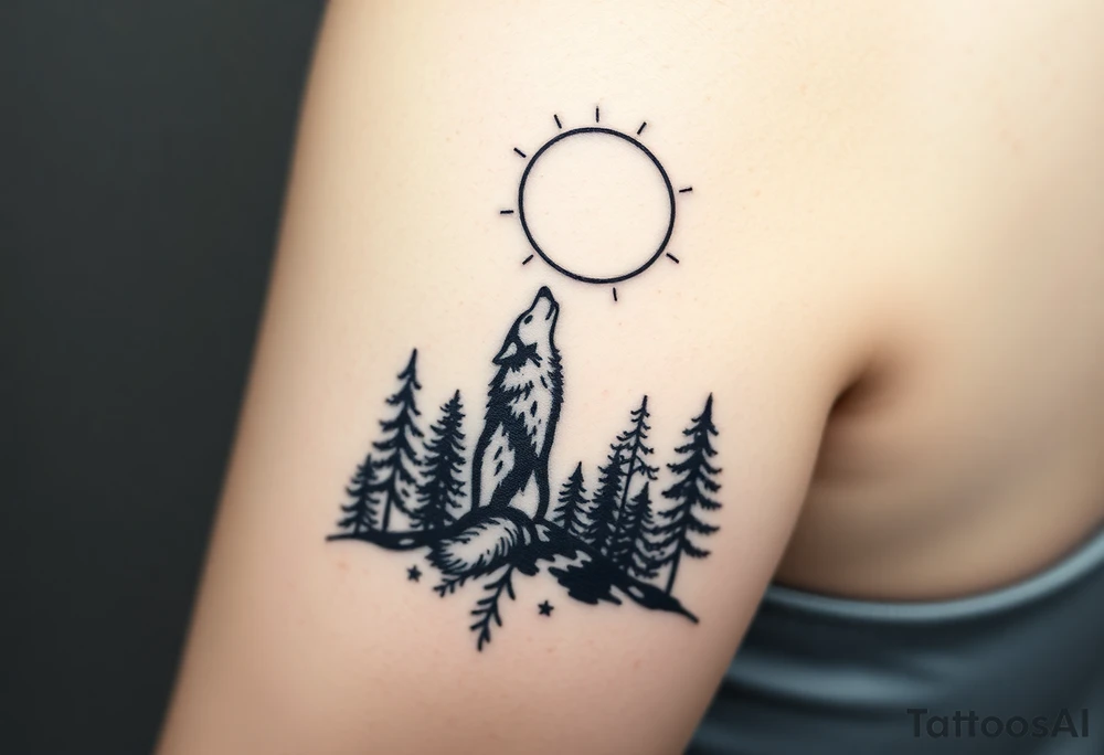 Lone wolf howling at the moon in the forest in the night Columba star tattoo idea