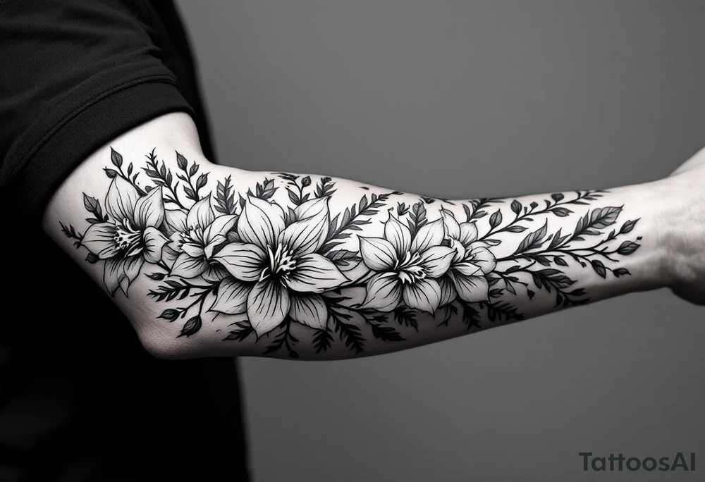 starting from a band mid-forearm, a sleeve of holly flowers and daffodils tattoo idea