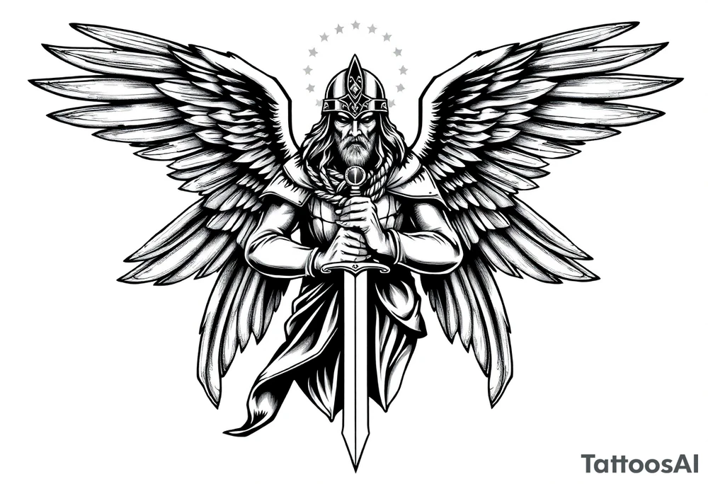 Holy Archangel, Biblical, Christianity, Hebrew, Guards of Christianity, Holding a sword, having six wings, wearing helmet, halo, seraphim, seek justice, walk only with God tattoo idea