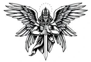 Holy Archangel, Biblical, Christianity, Hebrew, Guards of Christianity, Holding a sword, having six wings, wearing helmet, halo, seraphim, seek justice, walk only with God tattoo idea