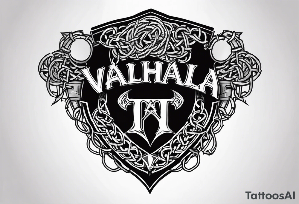 Valhalla round shield axe barbed wire chains tattoo idea