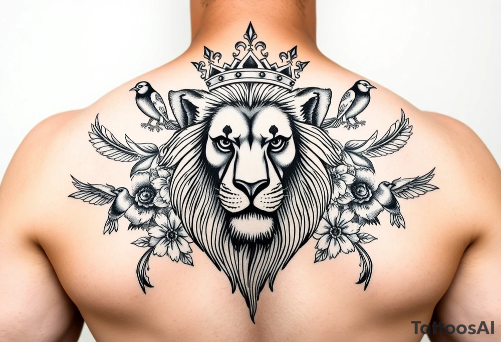 powerful majestic lion with a crown, surrounded by floral ornaments and birds tattoo idea