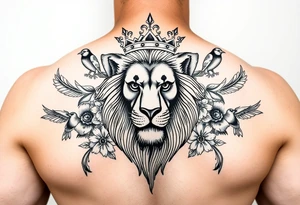 powerful majestic lion with a crown, surrounded by floral ornaments and birds tattoo idea