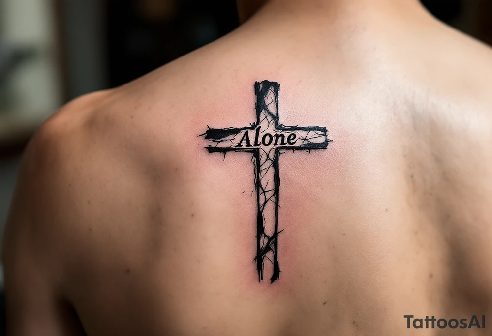 Cross designed in bold black with a cracked effect, paired with the word "Alone" on man´s face under a eye. tattoo idea