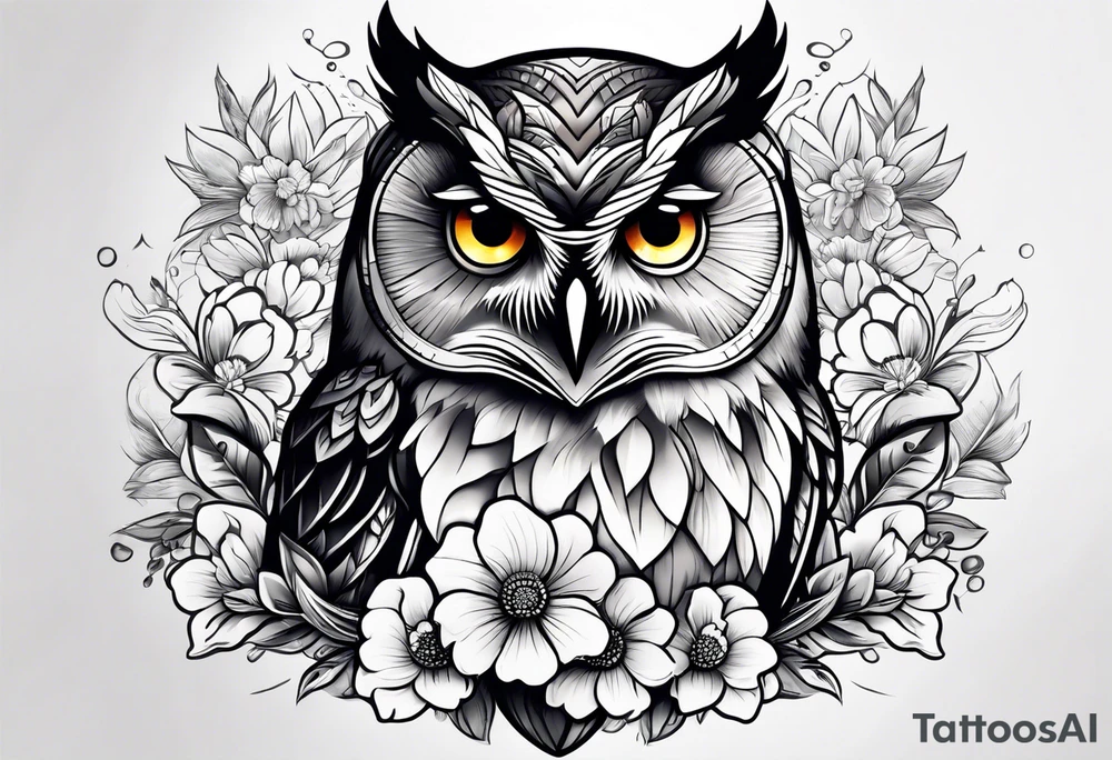 female owl with flowers tattoo idea
