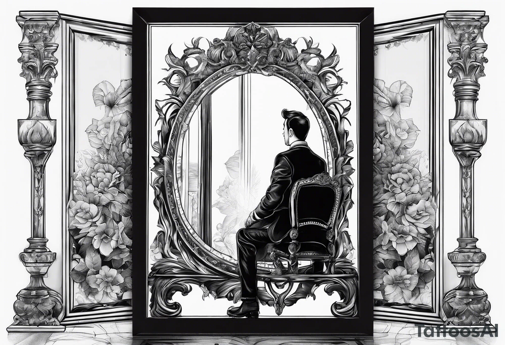 Someone sitting infront of a standing big mirror tattoo idea