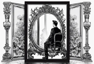 Someone sitting infront of a standing big mirror tattoo idea