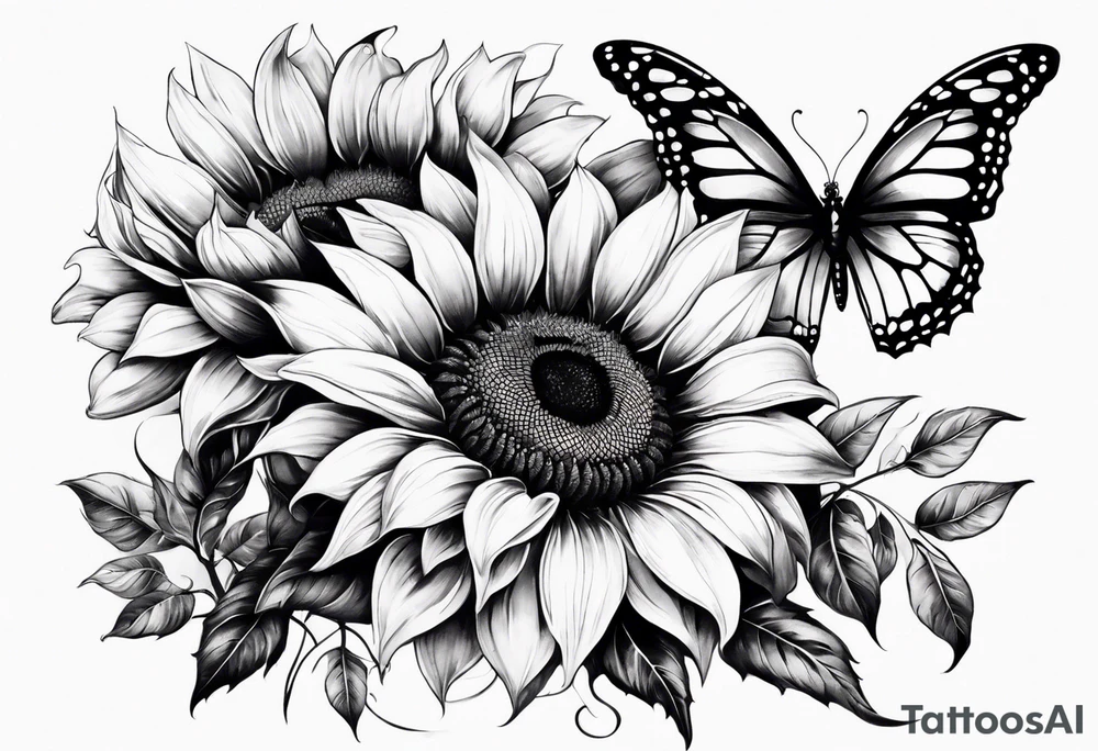 Sunflower and butterfly leg sleeve tattoo idea