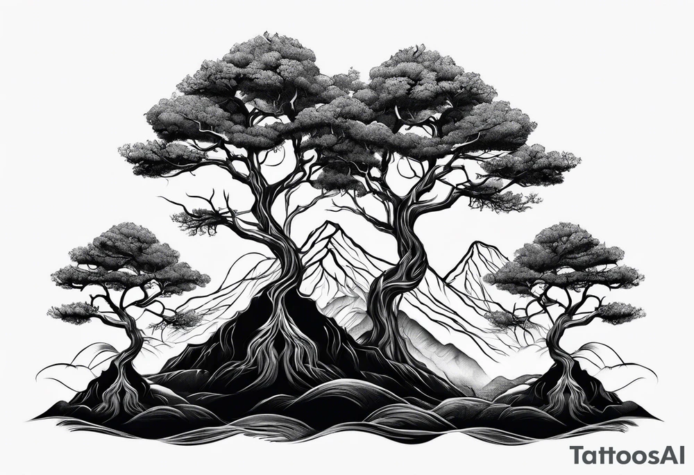 Three mountains three trees with roots tattoo idea