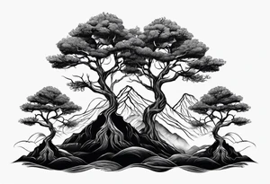 Three mountains three trees with roots tattoo idea