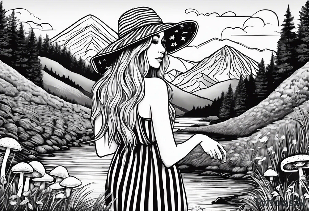 Straight long blonde hair hippie girl in distance holding mushrooms in hand facing away toward mountains and creek surrounded by mushrooms black and white striped dress tattoo idea