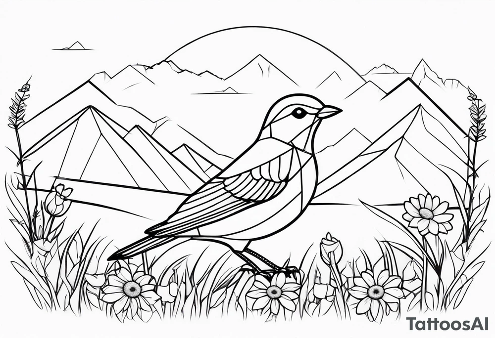 Geometric small bird outline sitting in grass and daisys with mountains in the background tattoo idea