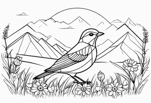 Geometric small bird outline sitting in grass and daisys with mountains in the background tattoo idea