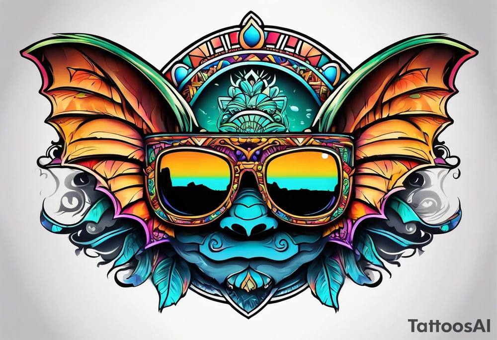 Colorful Mayan sunglasses reflecting water and bats tattoo idea Colorful Mayan sunglasses reflecting water and bats tattoo idea