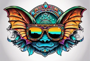 Colorful Mayan sunglasses reflecting water and bats tattoo idea