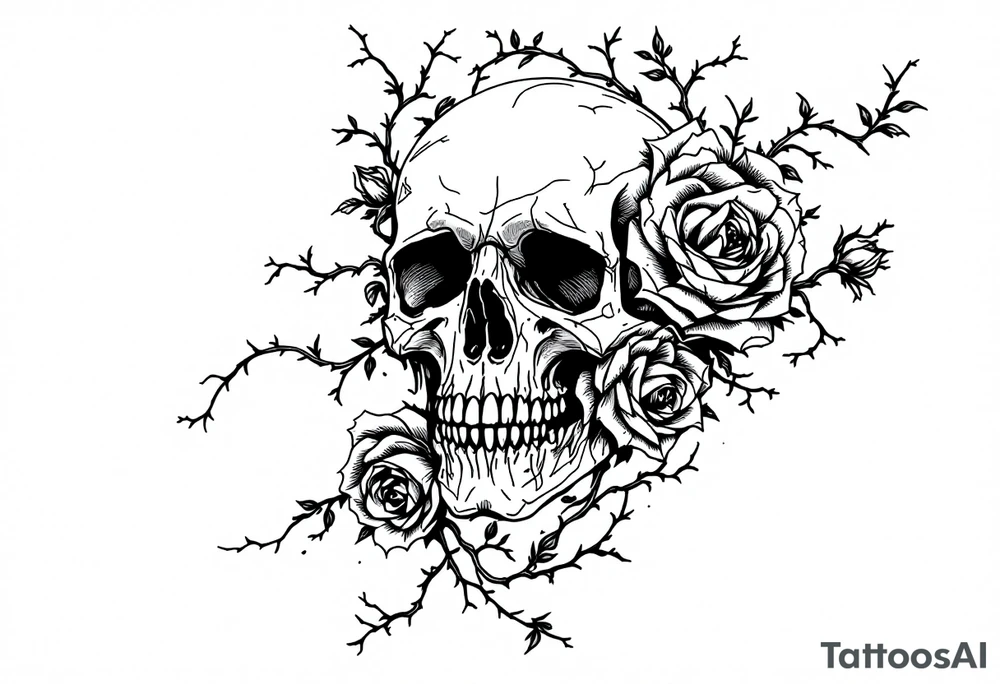 gothic skull intertwined with climbing roses and thorny vines tattoo idea