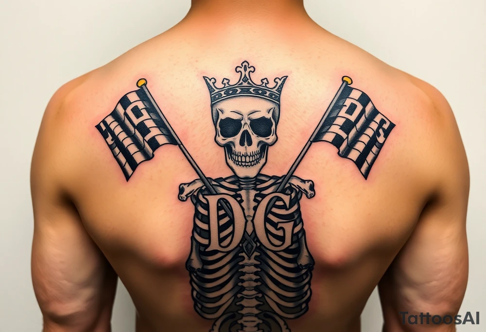 Skeleton wearing crown initials DG with racing flags tattoo idea