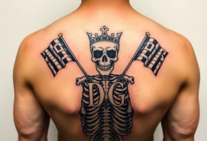 Skeleton wearing crown initials DG with racing flags tattoo idea
