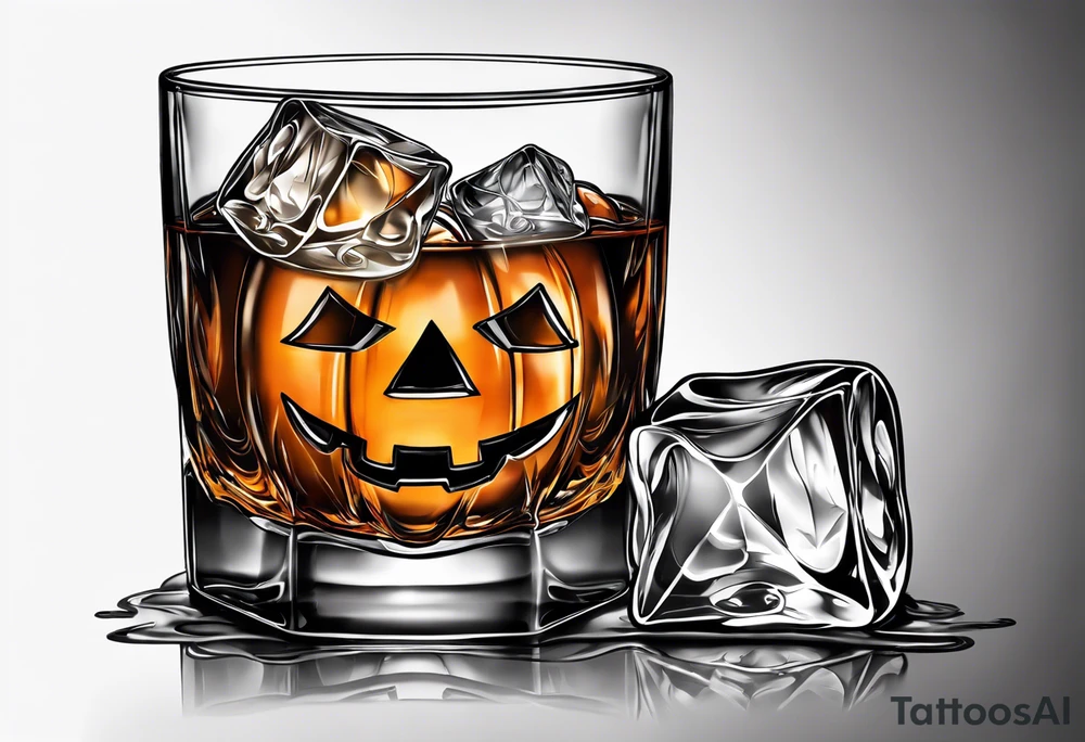 glass of whiskey but the ice cube is a jack-o-lantern tattoo idea