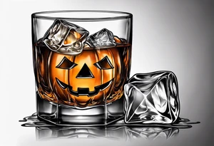 glass of whiskey but the ice cube is a jack-o-lantern tattoo idea