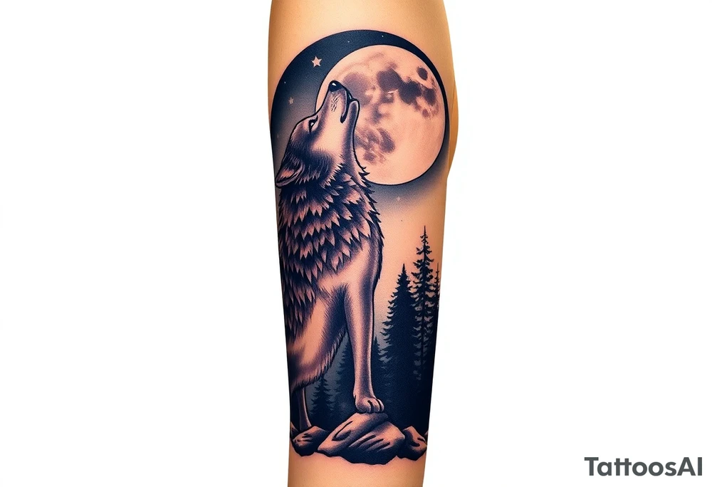 Lone wolf howling at the moon in the forest in the night Columba star tattoo idea