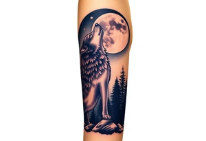 Lone wolf howling at the moon in the forest in the night Columba star tattoo idea