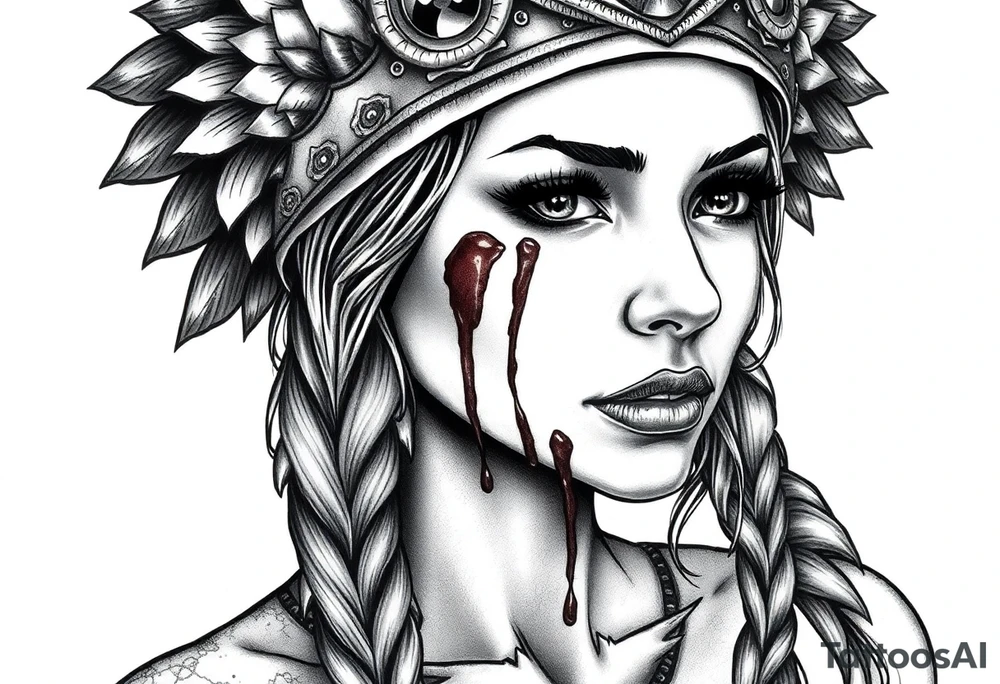 Beautiful Womans shedding a tear, with battle scars and blood on face, wearing a mean looking bear headdress on head tattoo idea