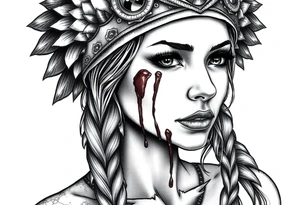 Beautiful Womans shedding a tear, with battle scars and blood on face, wearing a mean looking bear headdress on head tattoo idea