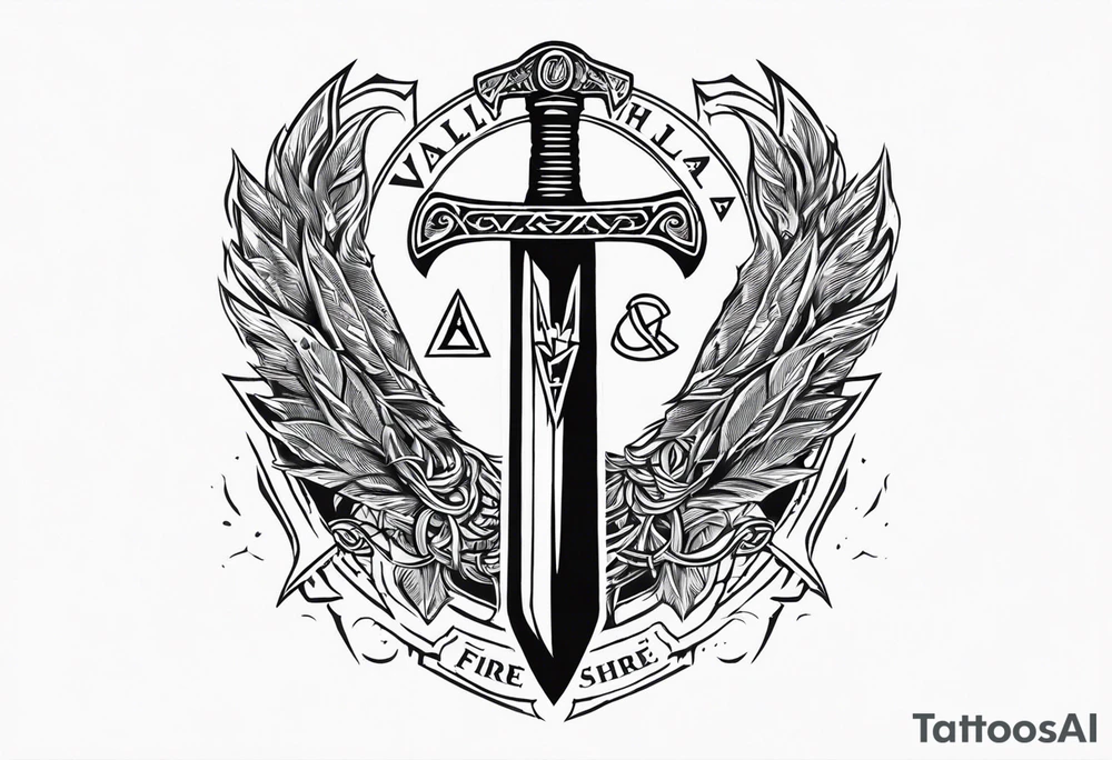 Valhalla fire sword shield axe Valknut ruins lightnings tattoo idea Valhalla fire sword shield axe Valknut ruins lightnings tattoo idea