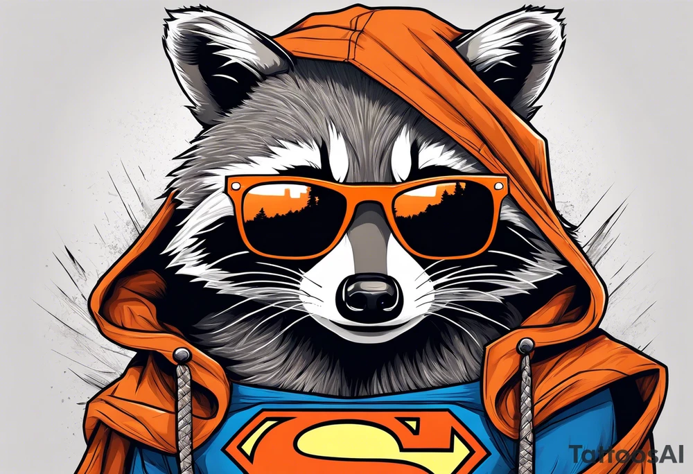 Raccoon wearing an orange Superman hoodie tattoo idea