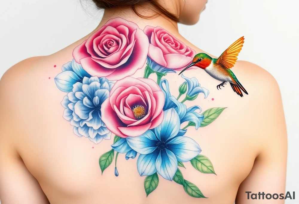 Bouquet of flowers with watercolors carnation, rose, Lily of the valley, delphinium with stems Starting upper middle back to right shoulder With orange humming bird feeding on rose.  Soft tones tattoo idea