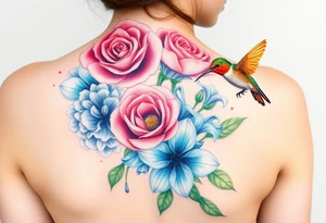 Bouquet of flowers with watercolors carnation, rose, Lily of the valley, delphinium with stems Starting upper middle back to right shoulder With orange humming bird feeding on rose.  Soft tones tattoo idea