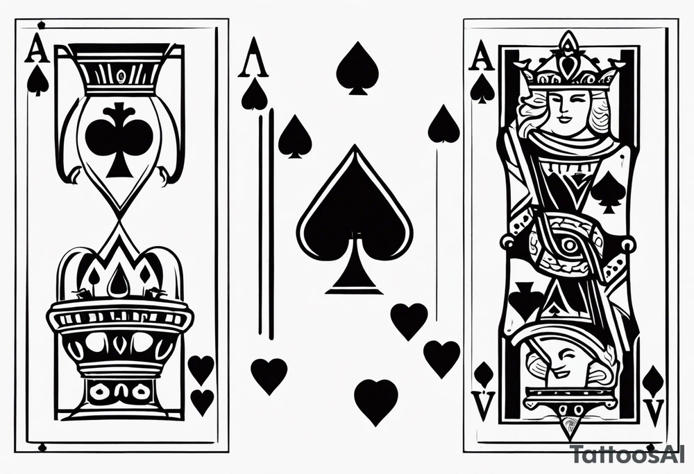 one combined tatto in minimalistic style with icon style three king of spades and icon style one queen of hearts. extreme minimalstic and few lines. much more minimlastic and fewer lines tattoo idea