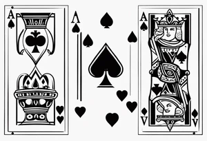 one combined tatto in minimalistic style with icon style three king of spades and icon style one queen of hearts. extreme minimalstic and few lines. much more minimlastic and fewer lines tattoo idea