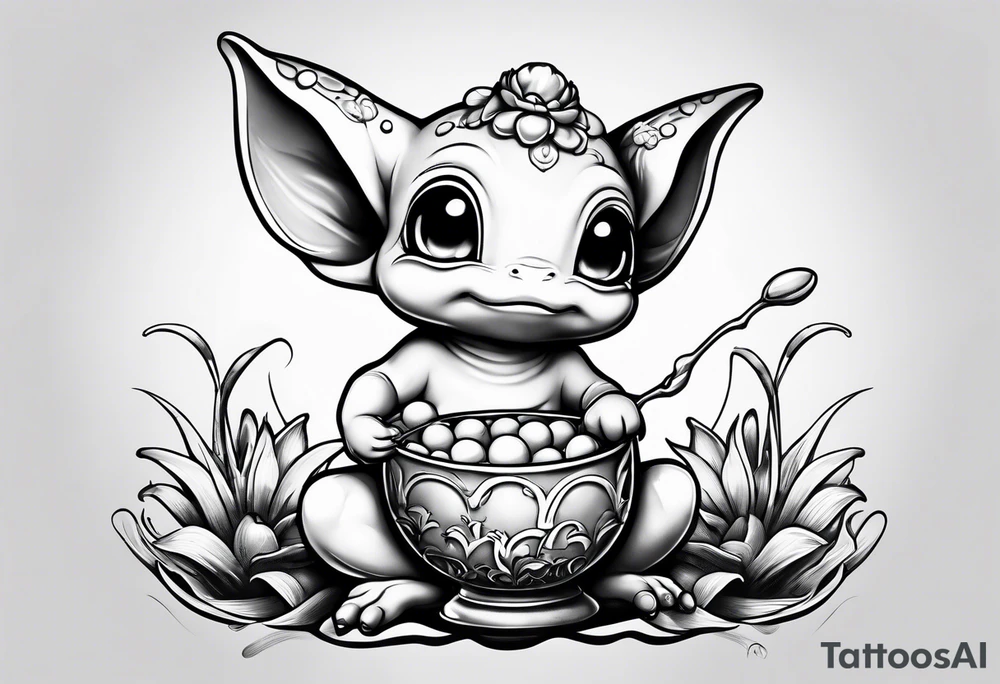 Baby grogu eating frog eggs tattoo idea