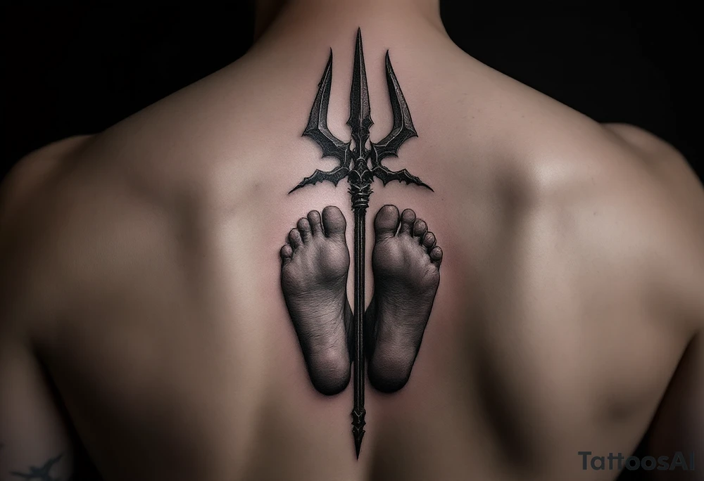 barefeet behind trident tattoo idea