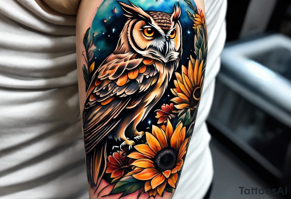 Sleeve with owl, sunflower and butterfly tattoo idea