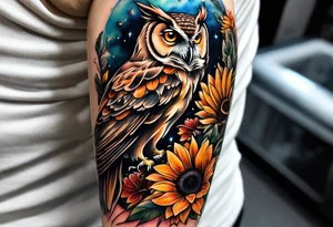 Sleeve with owl, sunflower and butterfly tattoo idea