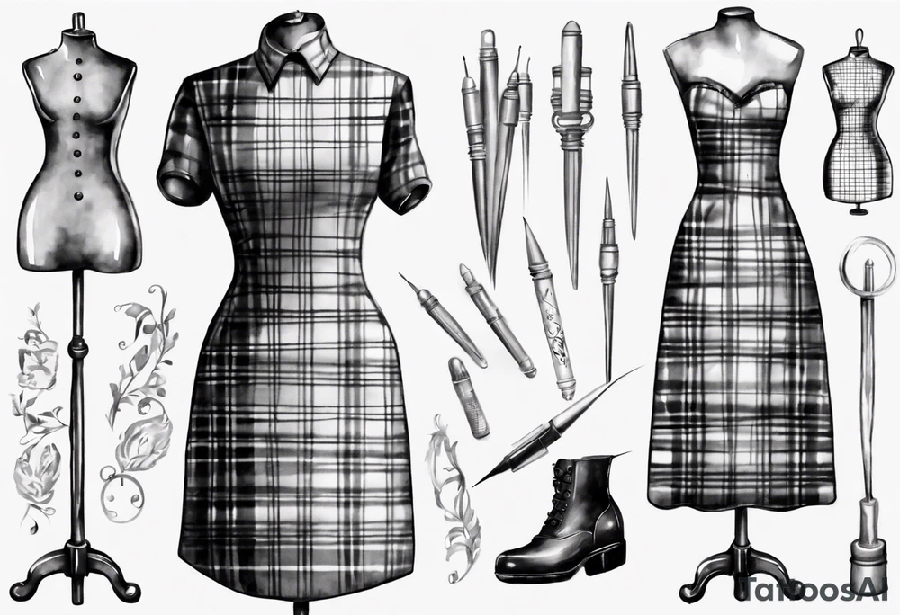Tailor's mannequin in plaid woman's dress. Nearby a needle tracing two initials, plus a thimble tattoo idea