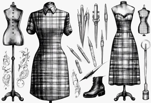 Tailor's mannequin in plaid woman's dress. Nearby a needle tracing two initials, plus a thimble tattoo idea
