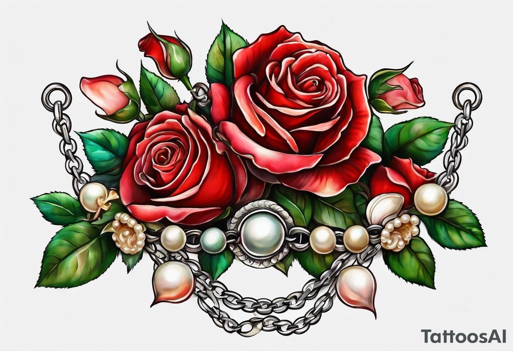 Red roses with a chain of pearls and seashells tattoo idea