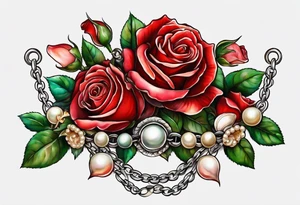 Red roses with a chain of pearls and seashells tattoo idea