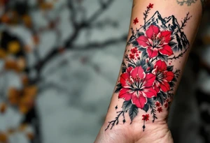 wrap around entire wrist red  and black rhododendron trippy with Himalayas behind tattoo idea